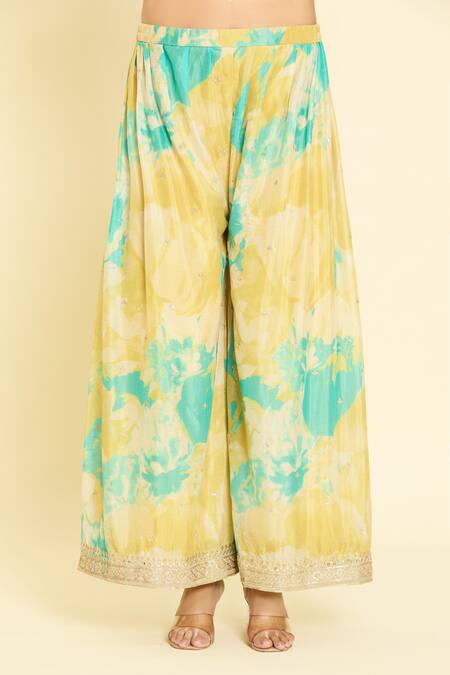 Shop_Samyukta Singhania_Yellow Net, Chiffon, Silk Sequins, Zari, Bloom Print Kurta Palazzo Set_Online_at_Aza_Fashions