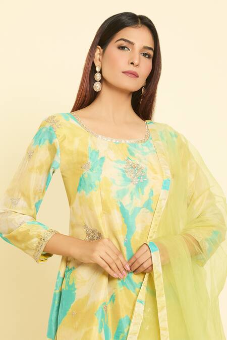 Samyukta Singhania_Yellow Net, Chiffon, Silk Sequins, Zari, Bloom Print Kurta Palazzo Set_at_Aza_Fashions