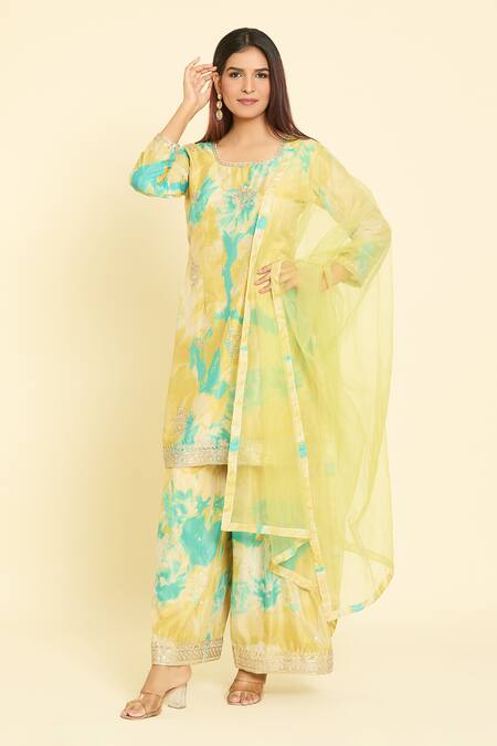 Buy_Samyukta Singhania_Yellow Net, Chiffon, Silk Sequins, Zari, Bloom Print Kurta Palazzo Set