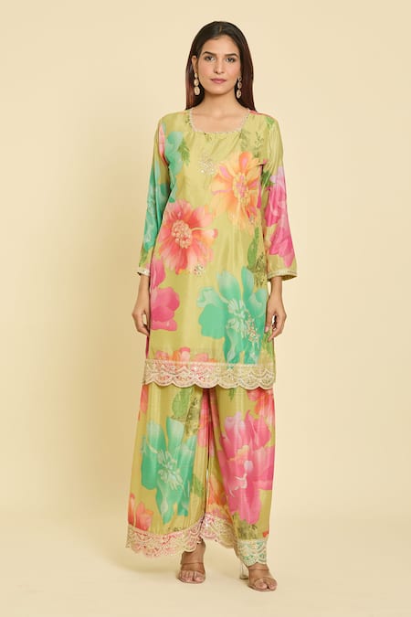 Naintara Bajaj_Multi Color Dupatta Net, Kurta And Palazzo Chinon Silk Sequin, Print Set _Online_at_Aza_Fashions