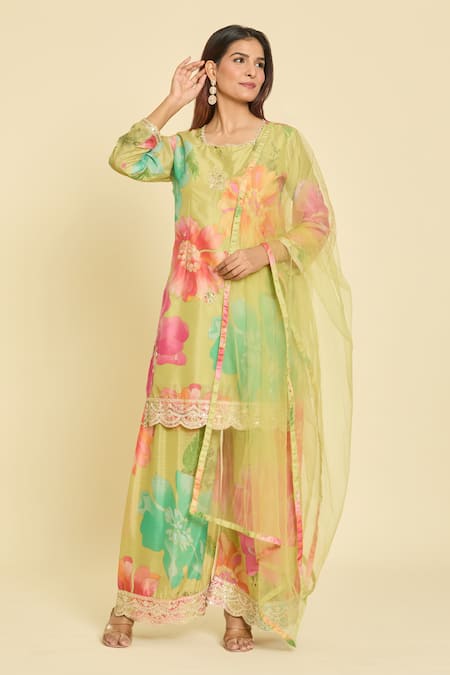 Naintara Bajaj_Multi Color Dupatta Net, Kurta And Palazzo Chinon Silk Sequin, Print Set _at_Aza_Fashions