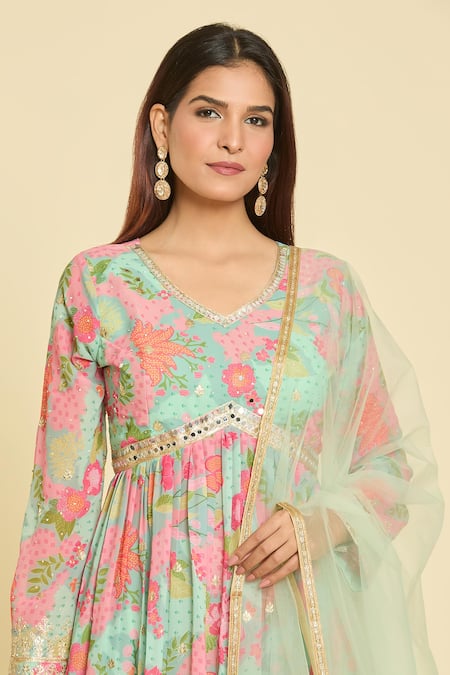 Samyukta Singhania_Multi Color Georgette, Net, Satin, Multicolor Botanical Print Anarkali Set _Online_at_Aza_Fashions