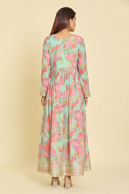 Shop_Samyukta Singhania_Multi Color Georgette, Net, Satin, Multicolor Botanical Print Anarkali Set _at_Aza_Fashions