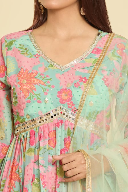 Buy_Samyukta Singhania_Multi Color Georgette, Net, Satin, Multicolor Botanical Print Anarkali Set _Online_at_Aza_Fashions