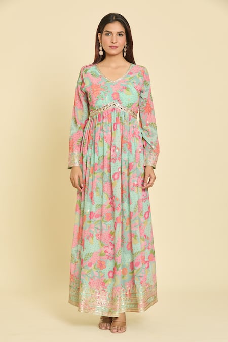 Shop_Samyukta Singhania_Multi Color Georgette, Net, Satin, Multicolor Botanical Print Anarkali Set _Online_at_Aza_Fashions