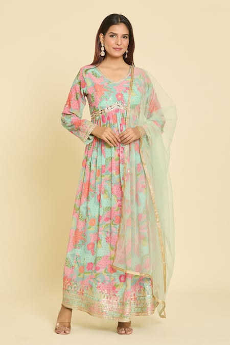 Samyukta Singhania_Multi Color Georgette, Net, Satin, Multicolor Botanical Print Anarkali Set _at_Aza_Fashions