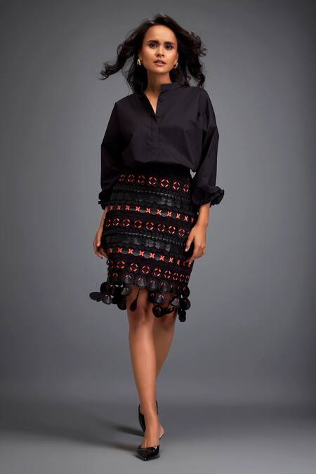 Buy_Deepika Arora_Black Polyester Applique Geometric Embroidered Skirt _Online_at_Aza_Fashions