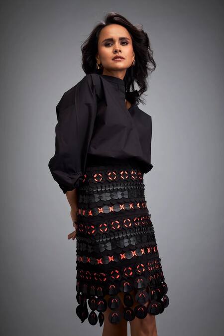 Shop_Deepika Arora_Black Polyester Applique Geometric Embroidered Skirt _Online_at_Aza_Fashions