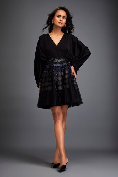 Deepika Arora Black Rozella Crepe Leather Applique V Neck Geometric Embroidered Dress Online at Aza Fashions Deepika Arora_Black Rozella Crepe Leather Applique V Neck Geometric Embroidered Dress _Online_at_Aza_Fashions