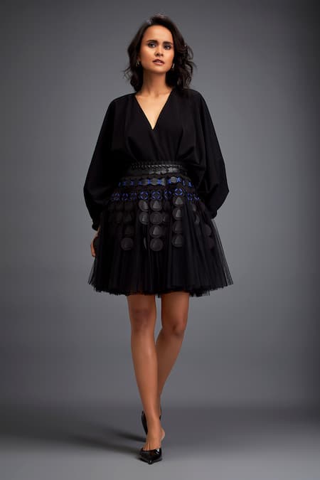 Deepika Arora Black Rozella Crepe Leather Applique V Neck Geometric Embroidered Dress