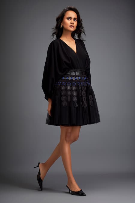 Buy Deepika Arora Black Rozella Crepe Leather Applique V Neck Geometric Embroidered Dress Online at Aza Fashions Buy_Deepika Arora_Black Rozella Crepe Leather Applique V Neck Geometric Embroidered Dress _Online_at_Aza_Fashions