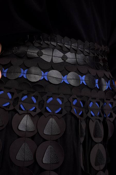 Deepika Arora Black Rozella Crepe Leather Applique V Neck Geometric Embroidered Dress at Aza Fashions Deepika Arora_Black Rozella Crepe Leather Applique V Neck Geometric Embroidered Dress _at_Aza_Fashions