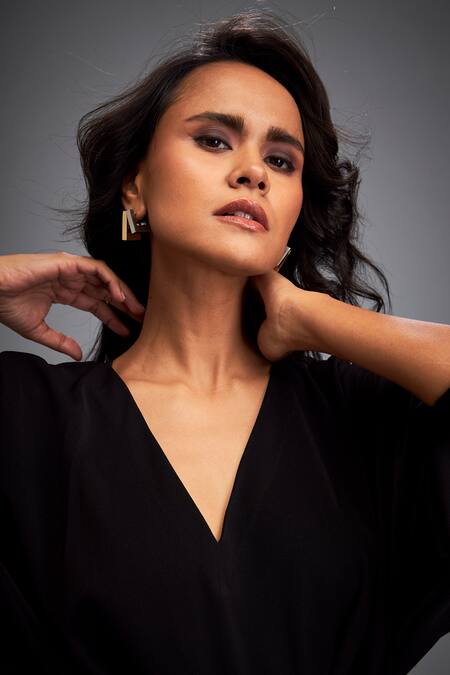 Buy Deepika Arora Black Rozella Crepe Leather Applique V Neck Geometric Embroidered Dress Buy_Deepika Arora_Black Rozella Crepe Leather Applique V Neck Geometric Embroidered Dress