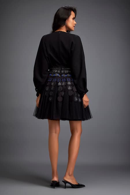 Shop Deepika Arora Black Rozella Crepe Leather Applique V Neck Geometric Embroidered Dress at Aza Fashions Shop_Deepika Arora_Black Rozella Crepe Leather Applique V Neck Geometric Embroidered Dress _at_Aza_Fashions