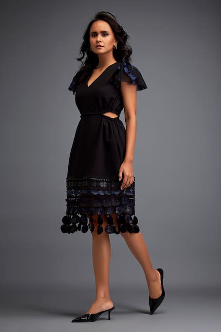 Buy_Deepika Arora_Black Pashmina Applique V-neck Geometric Embroidered Dress _Online_at_Aza_Fashions