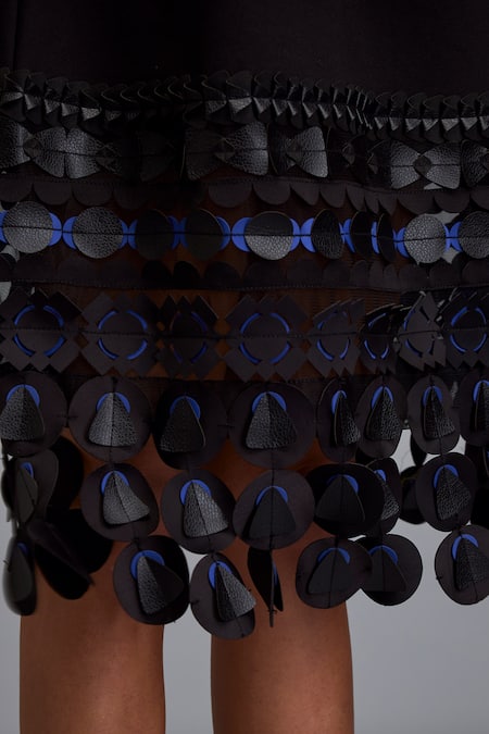 Shop_Deepika Arora_Black Pashmina Applique V-neck Geometric Embroidered Dress 