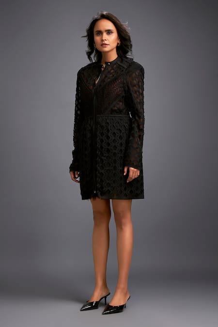 Shop_Deepika Arora_Black Polyester Round Neck Geometric Cutwork Panel Dress _Online_at_Aza_Fashions