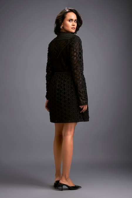 Deepika Arora_Black Polyester Round Neck Geometric Cutwork Panel Dress _at_Aza_Fashions