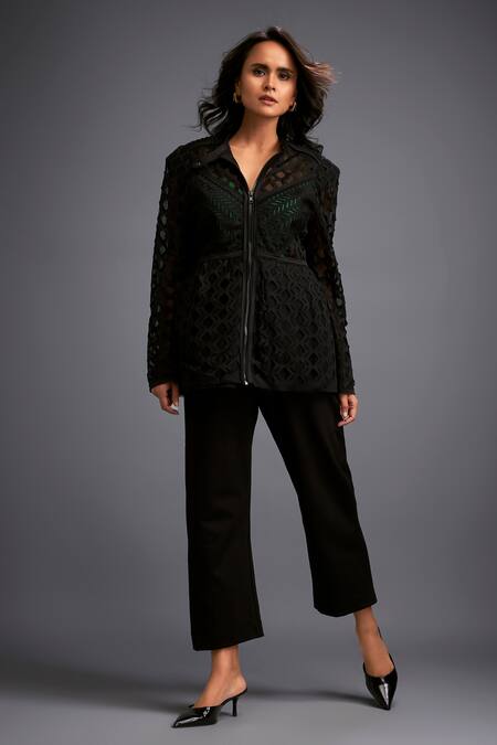 Buy Deepika Arora Black Polyester Collared Geometric Cutwork Jacket And Pant Set Online at Aza Fashions Buy_Deepika Arora_Black Polyester Collared Geometric Cutwork Jacket And Pant Set_Online_at_Aza_Fashions