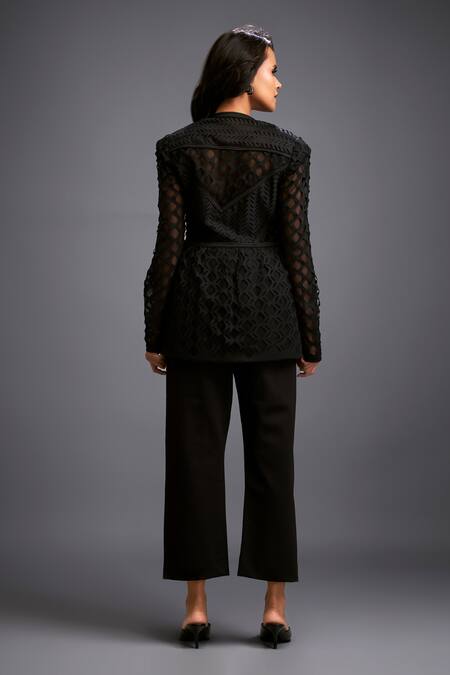 Shop Deepika Arora Black Polyester Collared Geometric Cutwork Jacket And Pant Set at Aza Fashions Shop_Deepika Arora_Black Polyester Collared Geometric Cutwork Jacket And Pant Set_at_Aza_Fashions