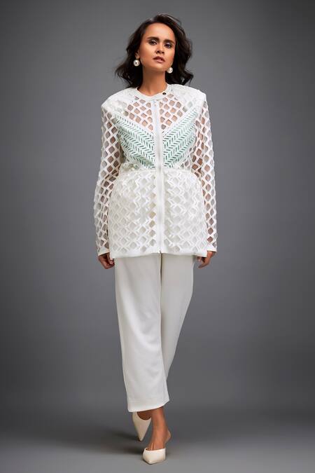 Deepika Arora White Ponte Rama Geometric Collar Pattern Sheer Jacket And Pant Set Online at Aza Fashions Deepika Arora_White Ponte Rama Geometric Collar Pattern Sheer Jacket And Pant Set_Online_at_Aza_Fashions