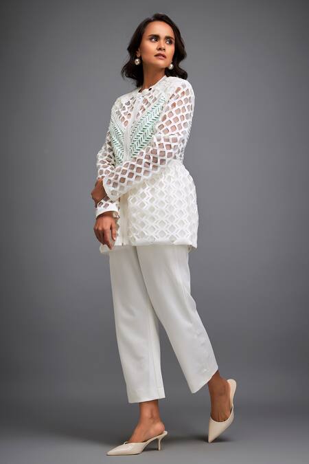 Shop Deepika Arora White Ponte Rama Geometric Collar Pattern Sheer Jacket And Pant Set Online at Aza Fashions Shop_Deepika Arora_White Ponte Rama Geometric Collar Pattern Sheer Jacket And Pant Set_Online_at_Aza_Fashions