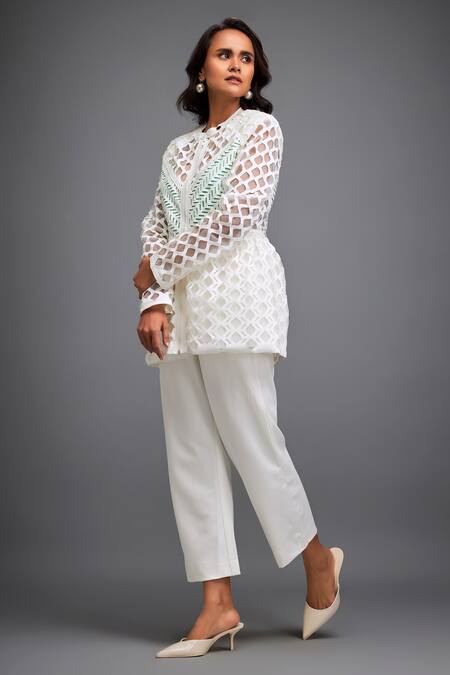 Deepika Arora_White Polyester Cut Work Collared Geometric Sheer Jacket_Online_at_Aza_Fashions