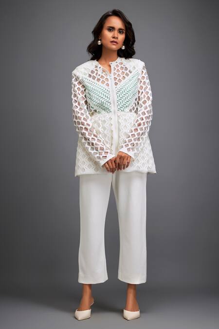 Buy_Deepika Arora_White Polyester Cut Work Collared Geometric Sheer Jacket_Online_at_Aza_Fashions