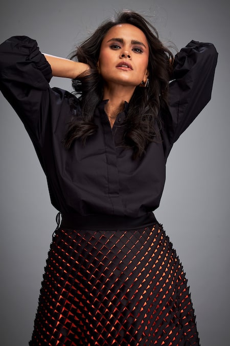 Deepika Arora_Black Velvet Embroidery 3d Geometric Applique Skirt _Online_at_Aza_Fashions