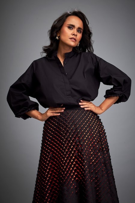 Buy_Deepika Arora_Black Velvet Embroidery 3d Geometric Applique Skirt _Online_at_Aza_Fashions