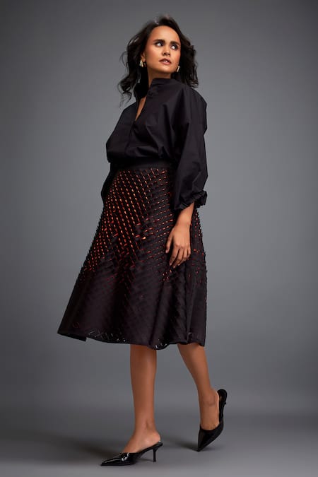 Shop_Deepika Arora_Black Velvet Embroidery 3d Geometric Applique Skirt _Online_at_Aza_Fashions