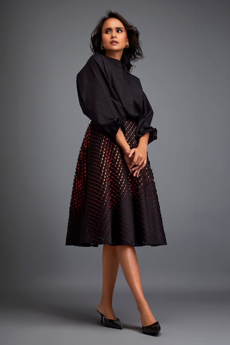 Deepika Arora_Black Velvet Embroidery 3d Geometric Applique Skirt _at_Aza_Fashions