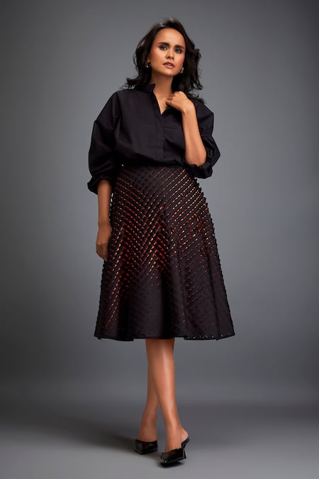 Buy_Deepika Arora_Black Velvet Embroidery 3d Geometric Applique Skirt 