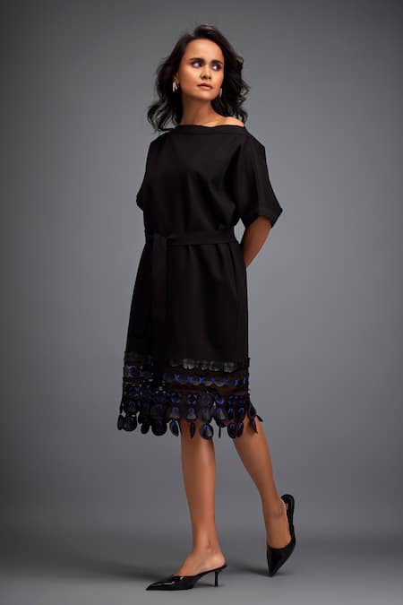 Deepika Arora_Black Polyester Applique Boat Neck Leather Embroidered Dress _Online_at_Aza_Fashions