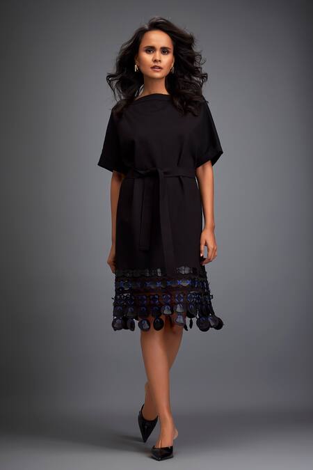 Buy_Deepika Arora_Black Polyester Applique Boat Neck Leather Embroidered Dress _Online_at_Aza_Fashions