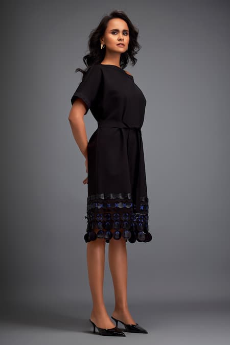 Shop_Deepika Arora_Black Polyester Applique Boat Neck Leather Embroidered Dress _Online_at_Aza_Fashions