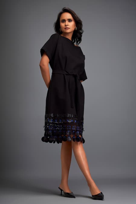 Deepika Arora_Black Polyester Applique Boat Neck Leather Embroidered Dress _at_Aza_Fashions