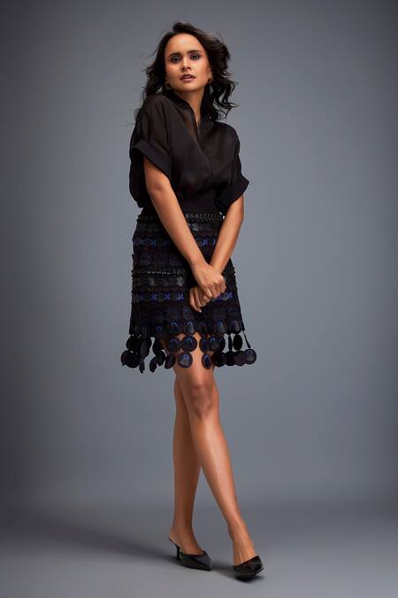Shop Deepika Arora Black Polyester Embroidery Layered Applique Skirt Online at Aza Fashions Shop_Deepika Arora_Black Polyester Embroidery Layered Applique Skirt _Online_at_Aza_Fashions