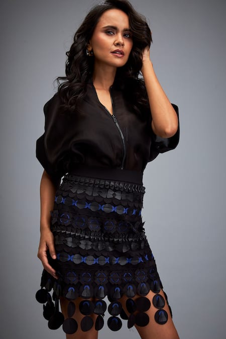 Deepika Arora Black Polyester Embroidery Layered Applique Skirt at Aza Fashions Deepika Arora_Black Polyester Embroidery Layered Applique Skirt _at_Aza_Fashions