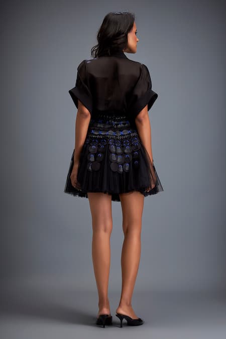 Shop Deepika Arora Black Organza Applique Mandarin Collar Structured Top And Embroidered Skirt Set at Aza Fashions Shop_Deepika Arora_Black Organza Applique Mandarin Collar Structured Top And Embroidered Skirt Set _at_Aza_Fashions