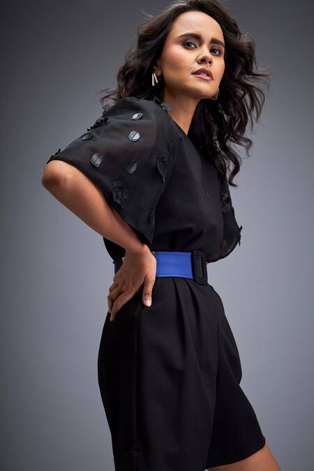 Buy Deepika Arora Black Ponte Rama Leather Applique V Neck Sleeve Embroidered Playsuit With Belt Online at Aza Fashions Buy_Deepika Arora_Black Ponte Rama Leather Applique V Neck Sleeve Embroidered Playsuit With Belt _Online_at_Aza_Fashions