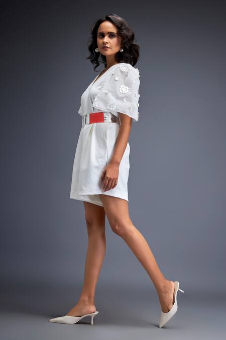 Deepika Arora White Ponte Rama Leather Applique V Placement Embroidered Playsuit With Belt Online at Aza Fashions Deepika Arora_White Ponte Rama Leather Applique V Placement Embroidered Playsuit With Belt _Online_at_Aza_Fashions