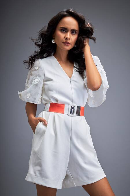 Buy Deepika Arora White Ponte Rama Leather Applique V Placement Embroidered Playsuit With Belt Online at Aza Fashions Buy_Deepika Arora_White Ponte Rama Leather Applique V Placement Embroidered Playsuit With Belt _Online_at_Aza_Fashions