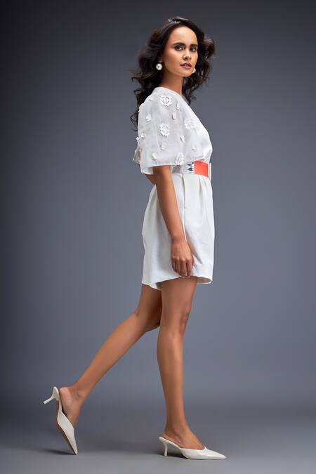 Buy Deepika Arora White Ponte Rama Leather Applique V Placement Embroidered Playsuit With Belt Buy_Deepika Arora_White Ponte Rama Leather Applique V Placement Embroidered Playsuit With Belt