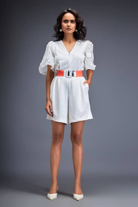 Deepika Arora White Ponte Rama Leather Applique V Placement Embroidered Playsuit With Belt 