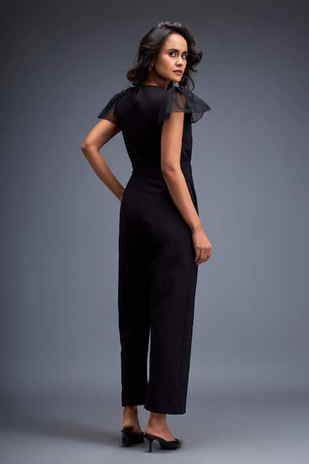 Deepika Arora Black V Neck Jumpsuit With Sheer Sleeves 