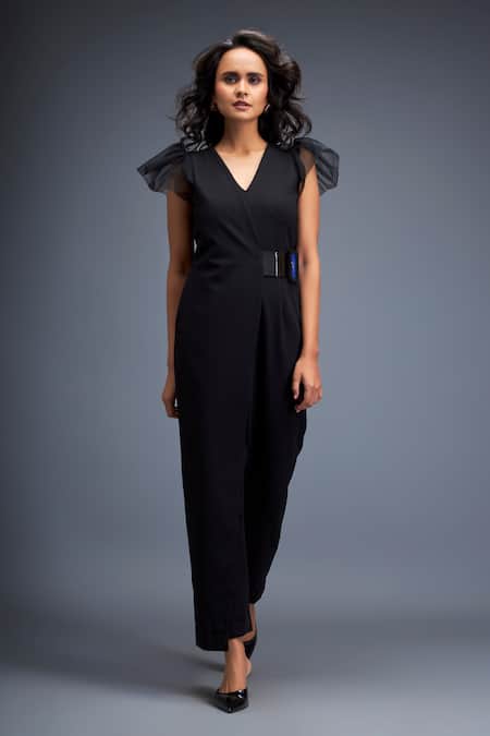 Deepika Arora_Black V-neck V Jumpsuit With Sheer Sleeves _at_Aza_Fashions
