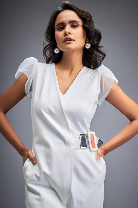 Deepika Arora_White Ponte Rama Plain V Neck Panelled Jumpsuit _Online_at_Aza_Fashions