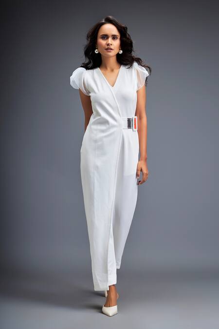 Buy_Deepika Arora_White Ponte Rama Plain V Neck Panelled Jumpsuit _Online_at_Aza_Fashions