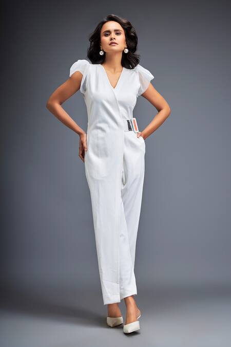 Deepika Arora_White Ponte Rama Plain V Neck Panelled Jumpsuit _at_Aza_Fashions